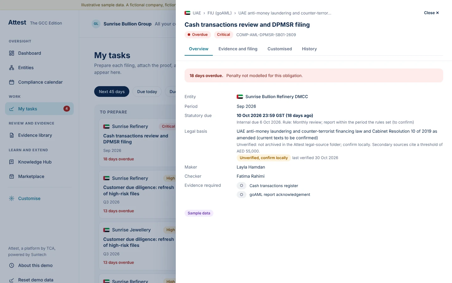 Each AML task names its legal basis, deadline and evidence, and says plainly when the text is not archived