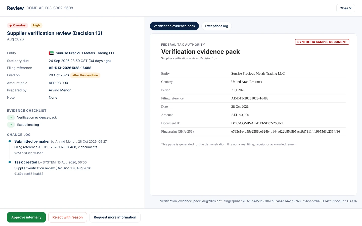 A split screen shows the details on the left and the document on the right